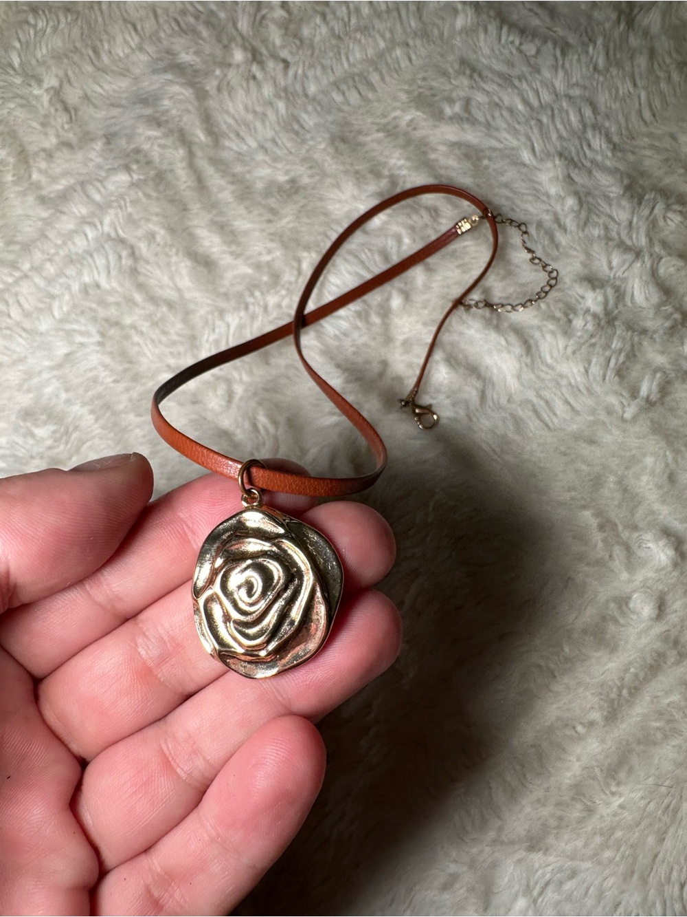 Gold Rose Pendant Necklace with Brown Leather Cord